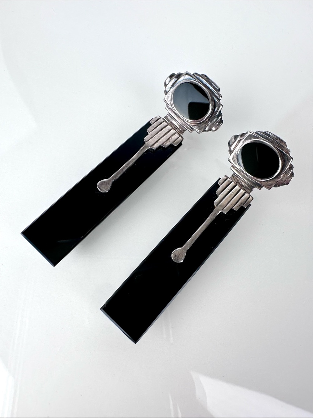 Vintage 925 Sterling Silver Black Onyx Art Deco Architectural Earrings - Picture 9 of 12